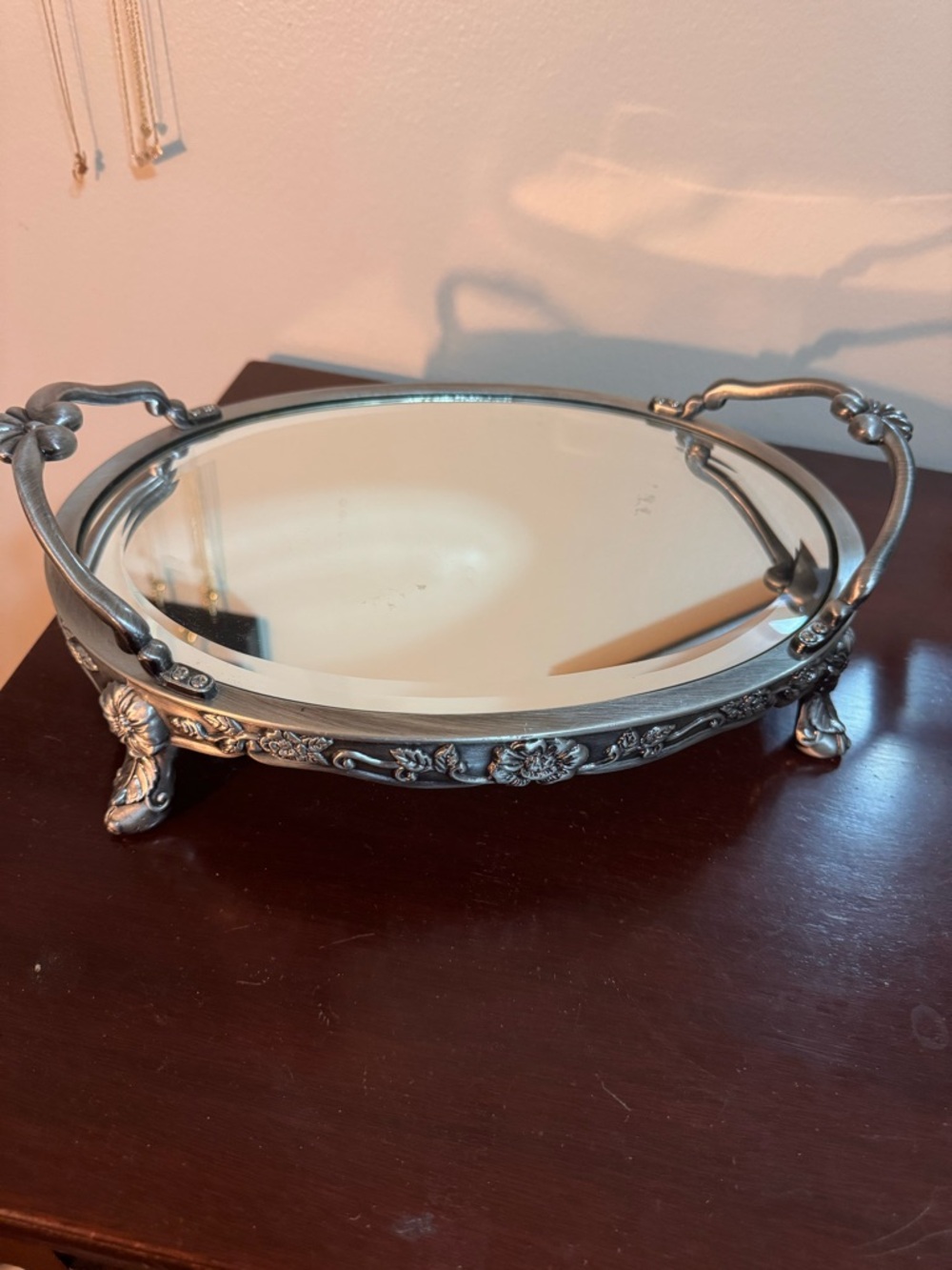 Ornate Silver-Tone Mirrored Vanity Tray
